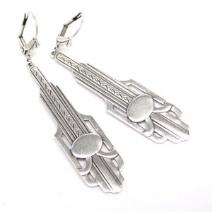 Long Art Deco Earrings Pendant Chandelier Antiqued Silver Plated image 1