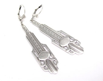 Long Art Deco Earrings Pendant Chandelier Antiqued Silver Plated