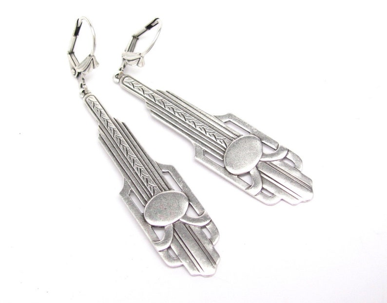 Long Art Deco Earrings Pendant Chandelier Antiqued Silver Plated image 1