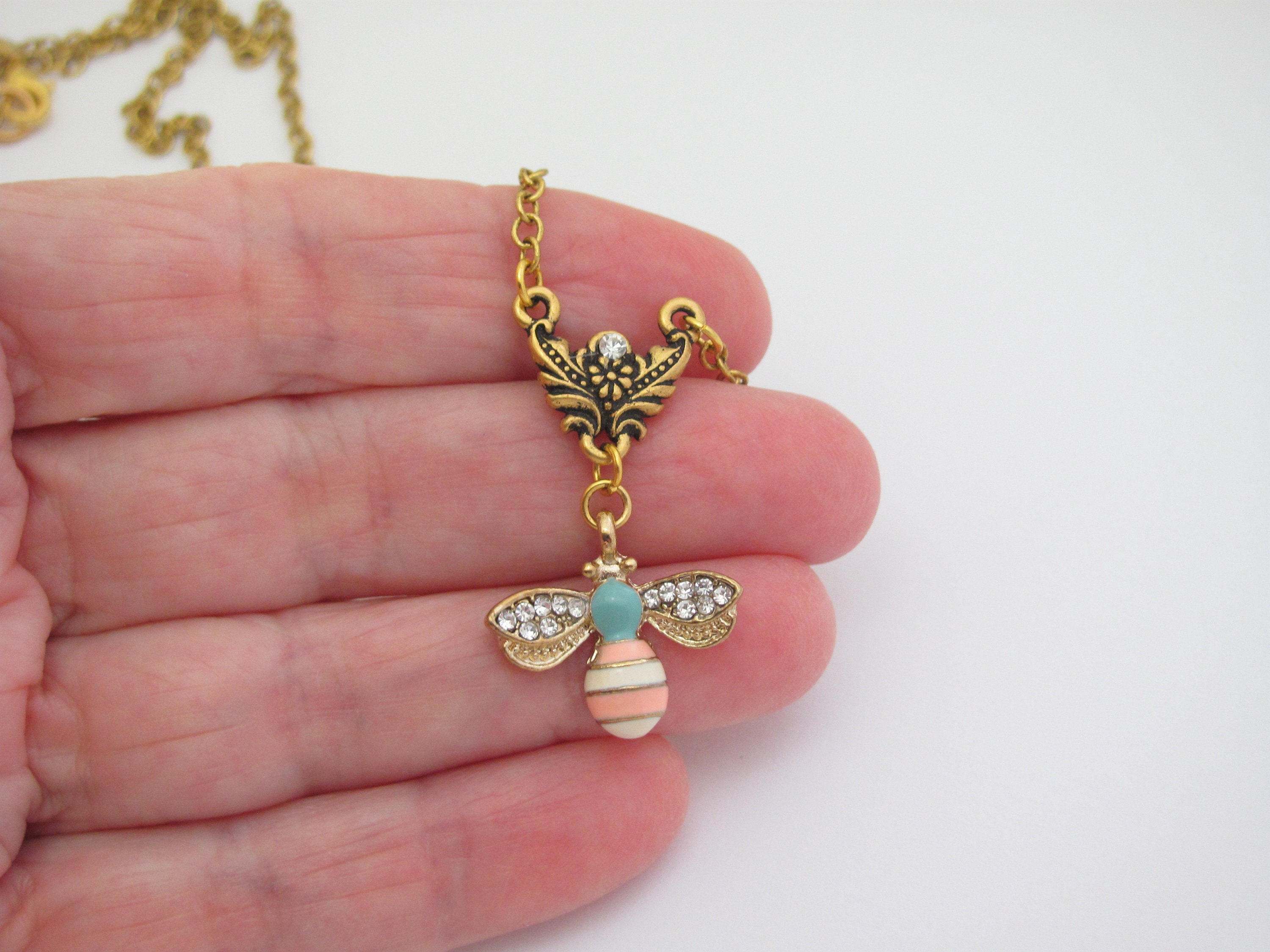 Rhinestone Bee Necklace Victorian Revival Pendant Antiqued