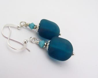 Sea Glass Earrings Ocean Blue Beach Resort Vacation Birthday Gift for Her Silver Plate Earrings