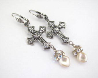 Pearl Cross Earrings Filigree Gothic Cross Pendant Earrings Medieval Cosplay Renaissance Faire Christian Long Silver Earrings