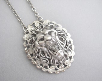 Lion Necklace Art Deco Lion Head Pendant Antiqued Silver Chain Art Nouveau Vintage Jewelry USA Handmade Necklace