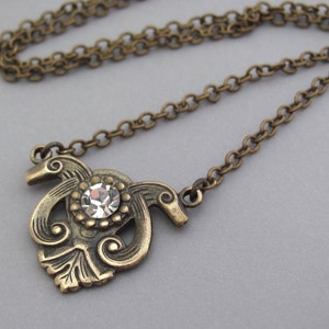 Art Deco Necklace Rhinestone Pendant Oxidized Brass Chain Birthday Anniversary Nouveau Cosplay Cottagecore Dark Academia Necklace
