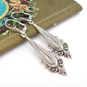 Vintage Earrings Art Nouveau Long Dangle Antique Silver Vintage Design Handmade USA Gift Earrings