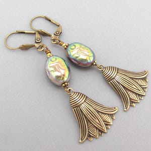 Scarab Earrings Lotus Flower Egyptian Revival Vintage Style Art Deco Earrings Long Victorian Revival Holiday Christmas Gift Earrings 画像 1