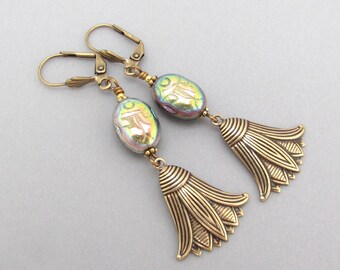 Scarab Earrings Lotus Flower Egyptian Revival Vintage Style Art Deco Earrings Long Victorian Revival Holiday Christmas Gift Earrings