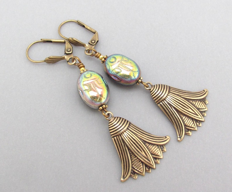 Scarab Earrings Lotus Flower Egyptian Revival Vintage Style Art Deco Earrings Long Victorian Revival Holiday Christmas Gift Earrings 画像 1