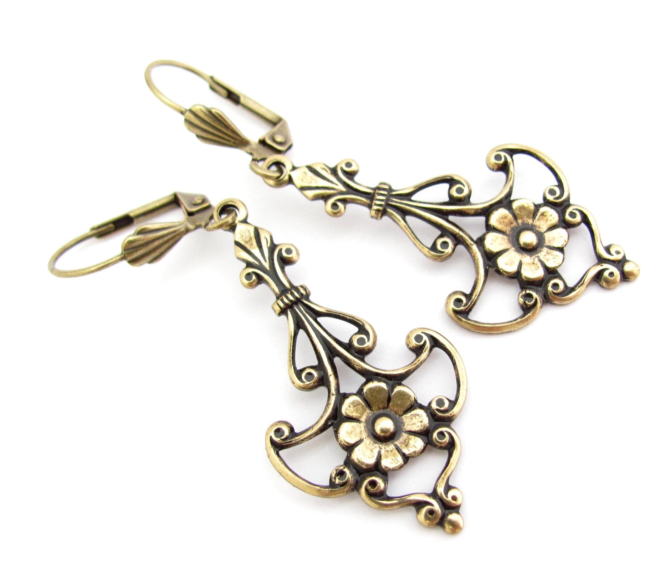Boucles D'oreilles Anciennes XIXe Siècle - Métal Doré Avec Fleur De Lys Noire