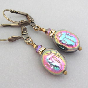Scarab Earrings Vintage Egyptian Revival Vintage Scarab Glass Beads Black Irridescent Art Deco Earrings Vintage Metallic Insect Earrings