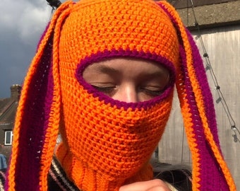 Handmade Crochet Bunny Balaclava - Orange and Purple