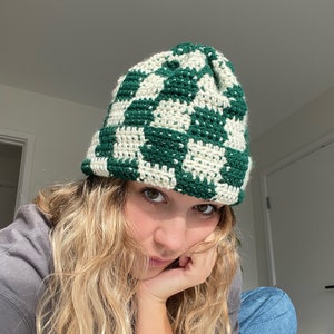 Handmade Crochet Checkered Beanie - Dark green and White