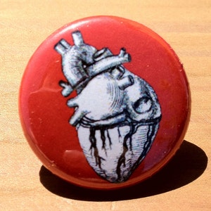 Könnte beinhalten: Ein roter Knopf mit einer weißen anatomischen Herzillustration. Das Herz ist mit Venen und Arterien detailliert.