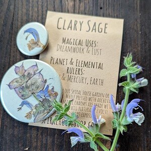 May include: Two round, white, resin-coated magnets with pressed botanicals of clary sage. The magnets are 2 inches in diameter. The text on the card reads "Clary Sage", "Magical Uses: Dreamwork & Lust", "Planet & Elemental Rulers: & Mercury, Earth", "Our Spiral House Garden or while pressed with archival magic charms are made with will natural evolve dt exposu".