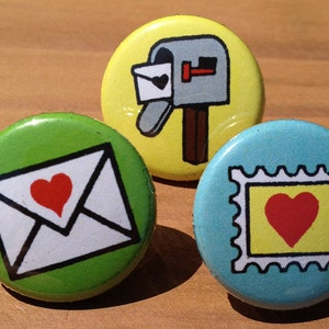 Postal Love set of 3 buttons or magnets image 1
