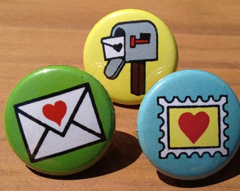 Postal Love set of 3 - buttons or magnets