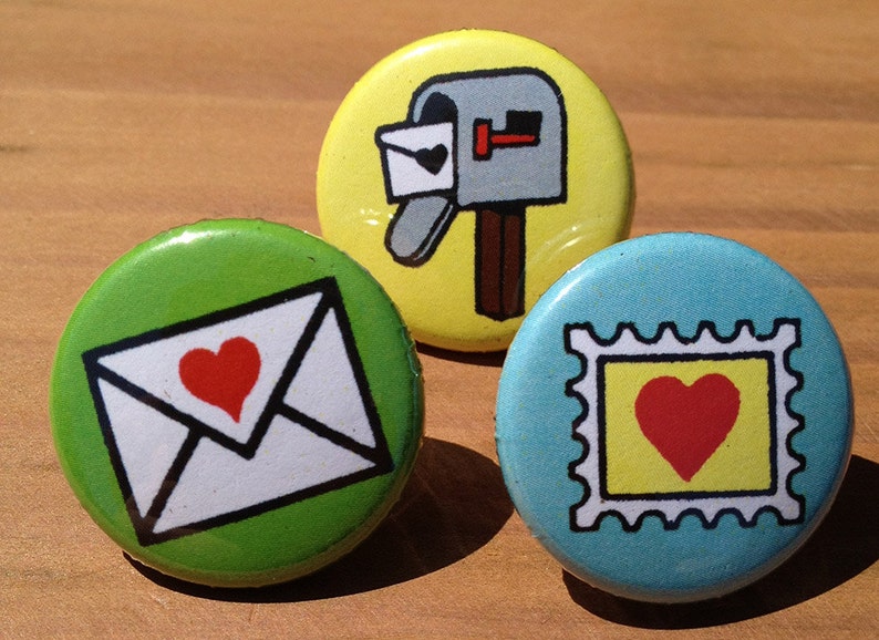 Postal Love set of 3 buttons or magnets image 1