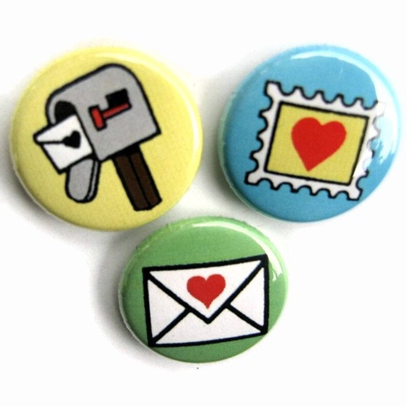 Postal Love set of 3 buttons or magnets image 2