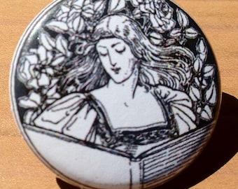 Reading Woman - button, magnet, or bottle opener