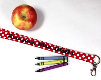 Teacher Love, Gift for Your Favorite Teacher, Teacher Gift, Cute Teacher Appreciation Gift, Red Lanyard, Personalized Teacher Lanyard, Dots