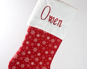 Snowflake Christmas Stocking, Red and White Stocking with Snow, Monogrammed Stocking for Christmas, Stocking for Christmas
