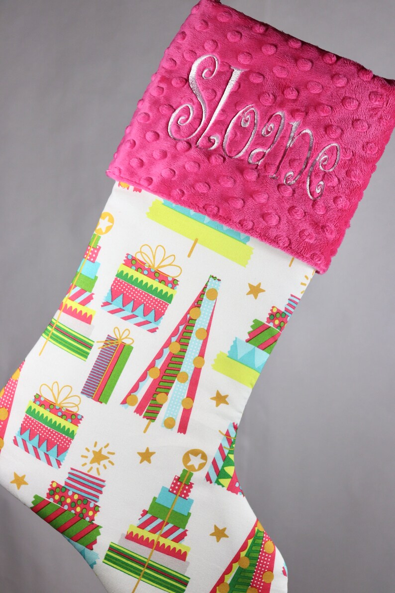 Christmas Stocking Pink Christmas Stocking Personalized Christmas Pink Green Red Stocking for Baby Girl image 2