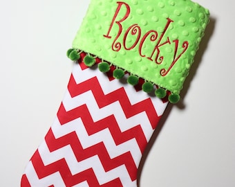 Red and Green Christmas Stocking in Chevron, Cute Stocking, Modern Stocking, Fun and Unique Christmas Stocking, Santa Christmas Stocking