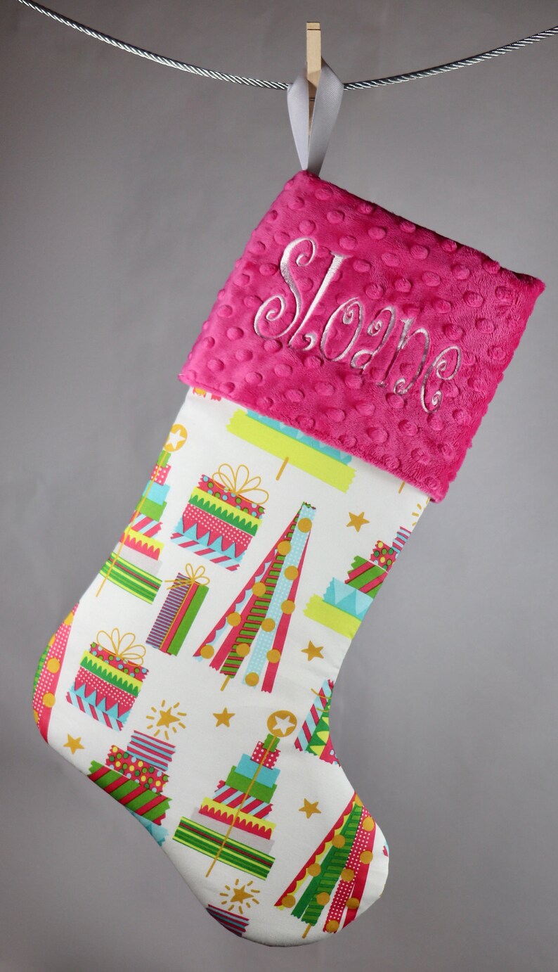 Christmas Stocking Pink Christmas Stocking Personalized Christmas Pink Green Red Stocking for Baby Girl image 1