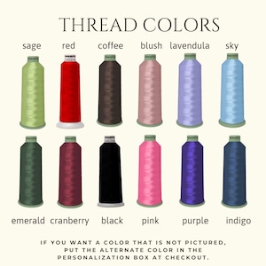 K&ouml;nnte beinhalten: Eine Farbkarte mit der &Uuml;berschrift THREAD COLORS zeigt zw&ouml;lf Stickgarnspulen in den Farben Salbei, Rot, Kaffee, Blush, Lavendel, Himmelblau, Smaragd, Cranberry, Schwarz, Pink, Lila und Indigo. Der Text unten enth&auml;lt Anweisungen f&uuml;r Wunschfarben.