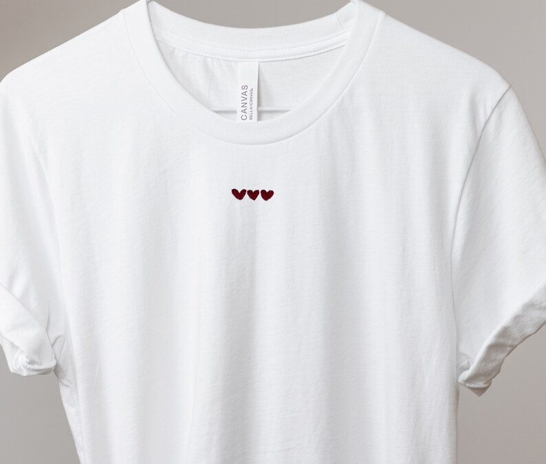 white tshirt with three minimalist red hearts, Gift for boyfriend, Birthday Gift for Girlfriend, Unisex T-Shirt with Red Hearts, Gift Sweet image 3