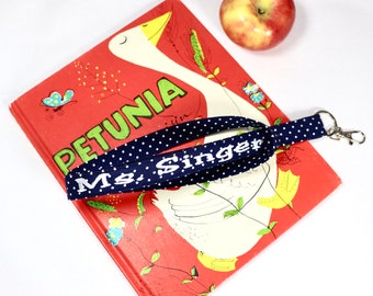 Navy Polka Dot Lanyard for Teachers | Navy and White Personalized Lanyard | Gift For Teachers