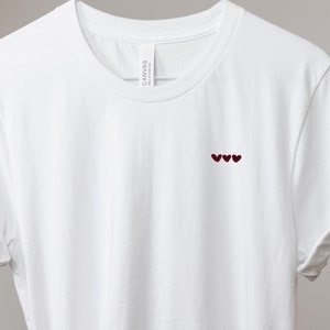 white tshirt with three minimalist red hearts, Gift for boyfriend, Birthday Gift for Girlfriend, Unisex T-Shirt with Red Hearts, Gift Sweet image 2