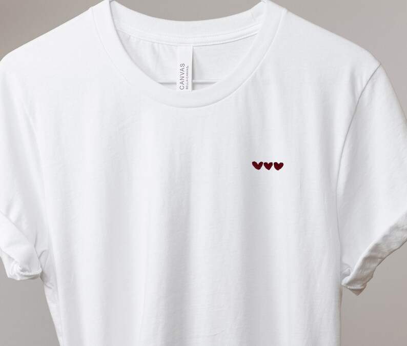 white tshirt with three minimalist red hearts, Gift for boyfriend, Birthday Gift for Girlfriend, Unisex T-Shirt with Red Hearts, Gift Sweet image 2