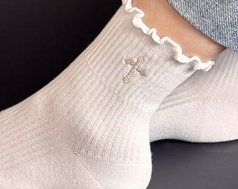 Faith Based Cross Embroidered Sock Small Christmas Gift Stocking Stuffer College Student Under 20 Christian Grandmother to Granddaughter