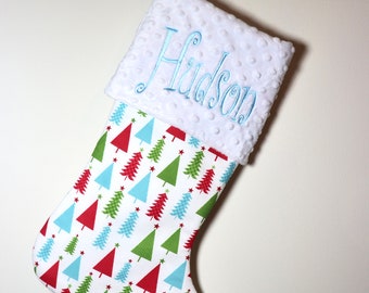 Christmas Trees Christmas Stocking in Blue, Green and Red, Christmas Stocking Personalized, Christmas Stocking Baby Boy, First Christmas