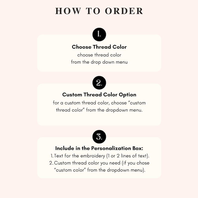 K&ouml;nnte beinhalten: Grafik mit Anweisungen zur Bestellung eines individuellen Produkts. Der Text lautet oben &bdquo;HOW TO ORDER&ldquo;. Zu den Schritten geh&ouml;ren die Auswahl der Garnfarbe, die Auswahl einer individuellen Garnfarbe und die Angabe von Personalisierungsdetails.