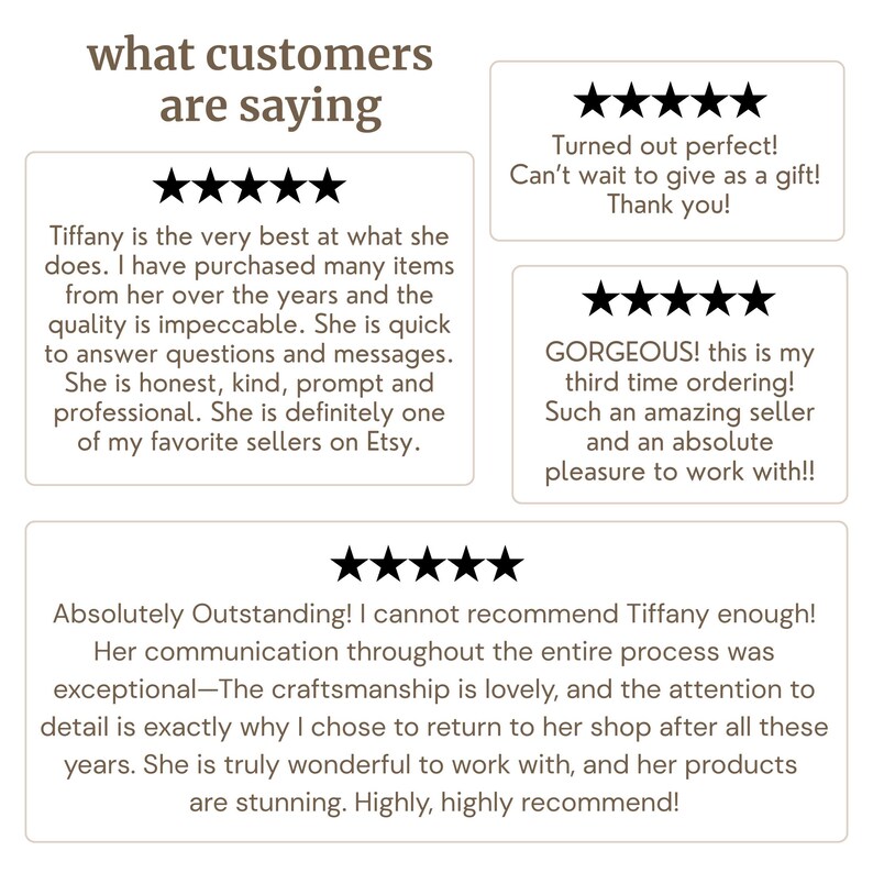 K&ouml;nnte beinhalten: Bild mit Kundenbewertungen mit Sternenbewertungen und Text. Der Text enth&auml;lt positives Feedback &uuml;ber eine Verk&auml;uferin namens Tiffany, wobei Qualit&auml;t, Kommunikation und Handwerkskunst hervorgehoben werden. Das Gesamtthema ist Kundenzufriedenheit.