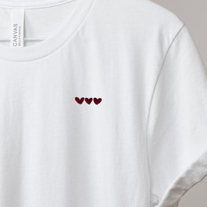 white tshirt with three minimalist red hearts, Gift for boyfriend, Birthday Gift for Girlfriend, Unisex T-Shirt with Red Hearts, Gift Sweet image 1