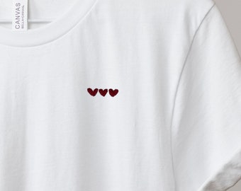 white tshirt with three minimalist red hearts, Gift for boyfriend, Birthday Gift for Girlfriend, Unisex T-Shirt with Red Hearts, Gift Sweet