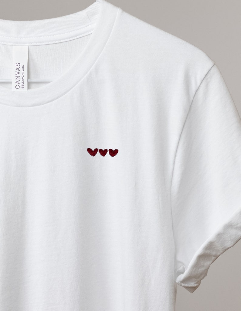 white tshirt with three minimalist red hearts, Gift for boyfriend, Birthday Gift for Girlfriend, Unisex T-Shirt with Red Hearts, Gift Sweet image 1