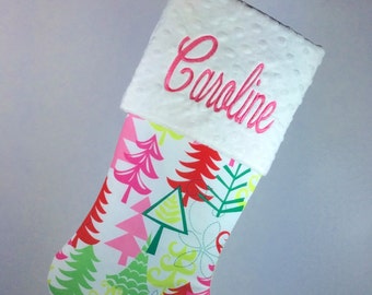 Funky and Festive Yule Trees Christmas Stocking, Personalized Christmas Stocking, Girls Christmas Stocking, Baby Christmas Stocking
