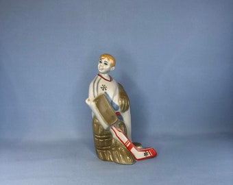 Hockeyboy Goalkeeper USSR Vintage Porcelain Figurine Polonnoe Original Stauette of Young Hockey Boy of Soviet Times Boy with Sport Cammock