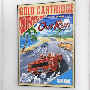 Plakat OutRun, pudełkowa grafika Sega Mark III, wydruk gier retro z lat 80., japoński wystrój gier wideo