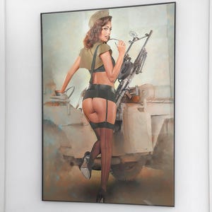 Military Pin Up Girl Poster Print, Willys Jeep WWII Art, Retro Garage Wall Decor, Man Cave Gift for Him
