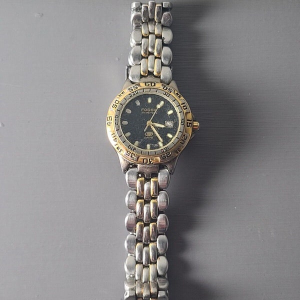 Vintage fossil blue am3237 womens watch 105 ft water resistent silver gold band