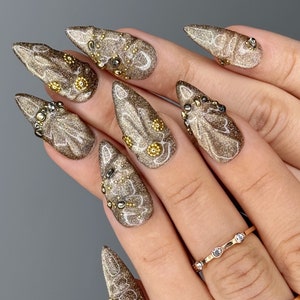 Gold Premier Stiletto Lux Handmade Press on Nails Reusable Gel Tips Brown/Gold Style Old Money Vibe