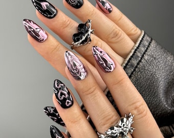 Chrome Y2K Valentines Day Black Pink Hearts Press on Nails