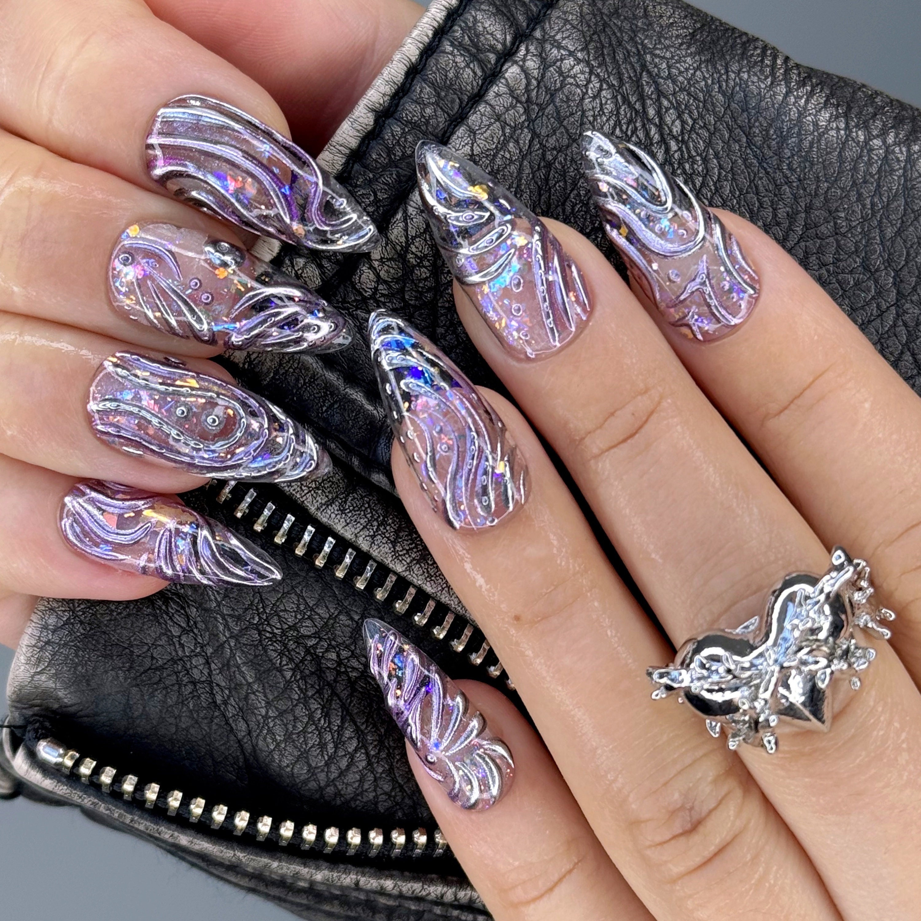 Cosmic Y2K Purple Euphoria Swirl Freestyle Press on Nails Reusable Stiletto Gel Tips Design for Pretty Girlies
