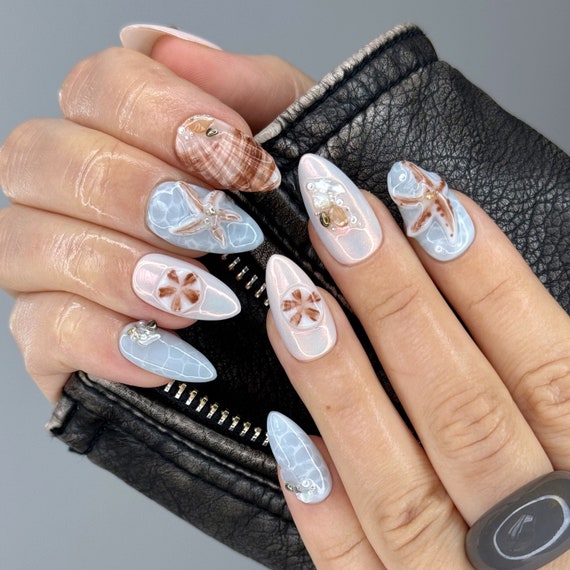 Beach Shell Starfish Blue/nude Style Ocean Press on Nails Island 