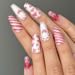 Strawberry Pink White Cat Nail Design Press on Nails Spring / Summer Season 2024 , Reusable Gel Tips with Hand Painted Cats on